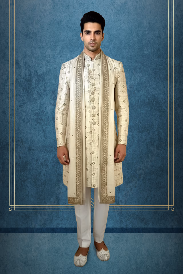 Elegant Sherwani with Vertical Thread, Sequin, and Pearl Work for Regal Occasions — rent in Bangalore
