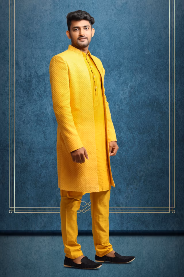Vibrant Yellow Lucknowi and Dupion Silk Sherwani Set with Self-Textured Detailing — back view, rent in Kochi