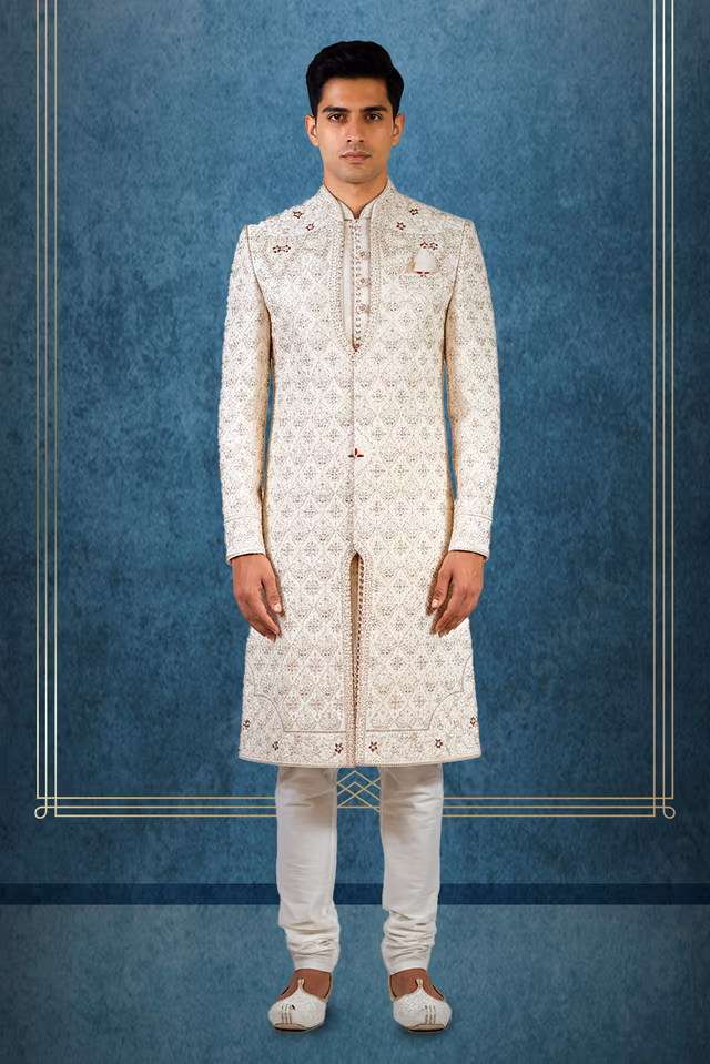 Warm White Aari Embroidered Sherwni Set — rent in Bangalore