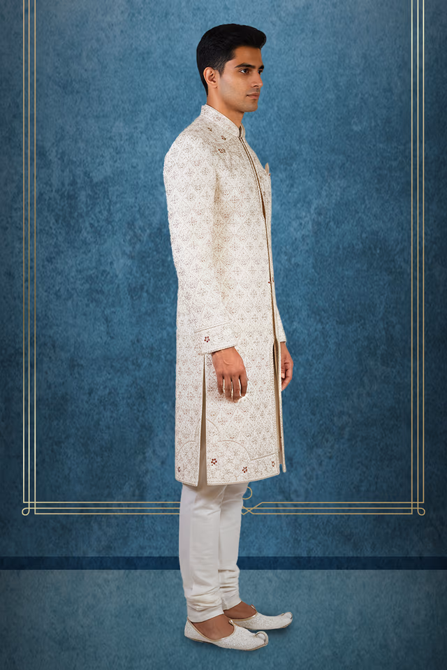 Warm White Aari Embroidered Sherwni Set — back view, rent in Bangalore