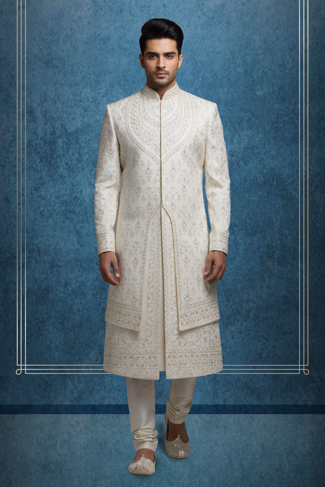 White Maharaja Sherwani With Symmetrical Cut Details And Threadwork. — rent in Calicut