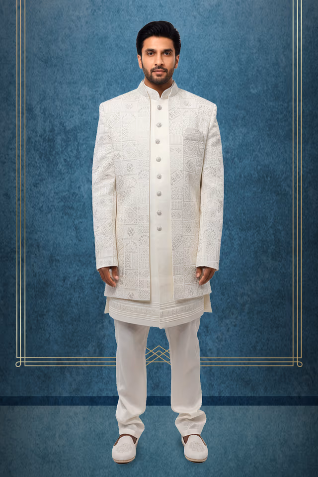 Premium White Mens Sherwani with coloured embroidery ,double  layered — rent in Coimbatore