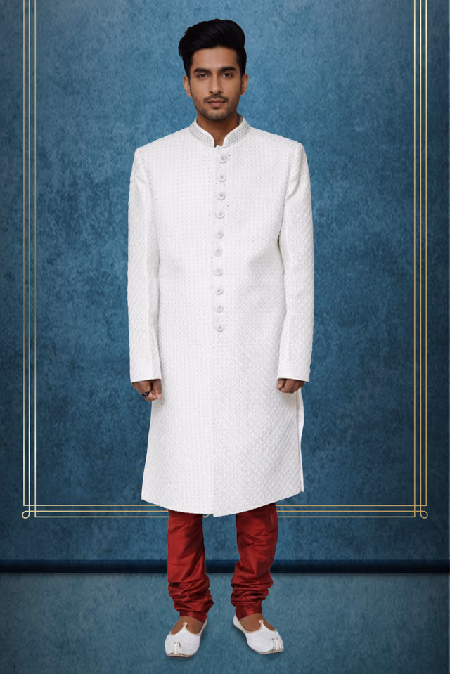 Classic white simple sherwani — rent in Bangalore