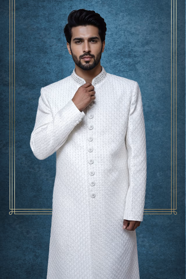 Classic white simple sherwani — back view, rent in Bangalore