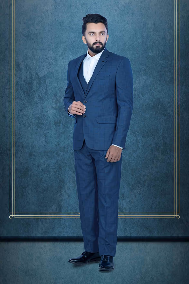 3 Pcs Poly Viscose Spandex In Blue 3Pc Suit — back view, rent in Calicut