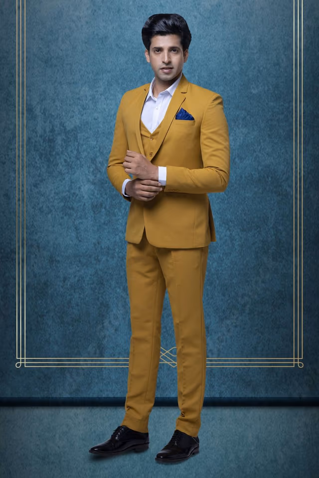 3 Pcs Suiting In Mustard Yellow 3Pc Suit — back view, rent in Calicut