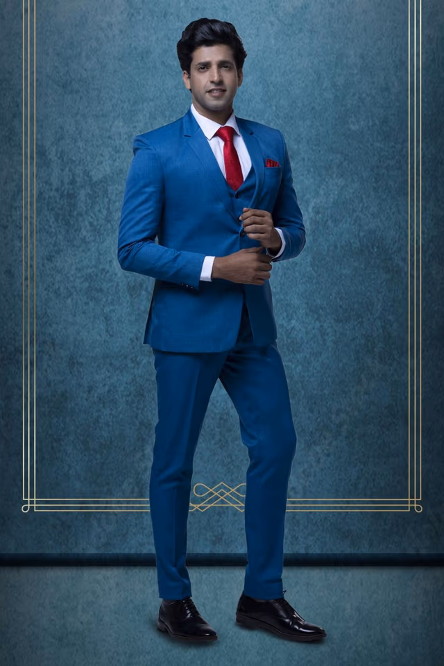 3 Pcs Suiting In Peacock Blue Mat Finish Suit — back view, rent in Calicut