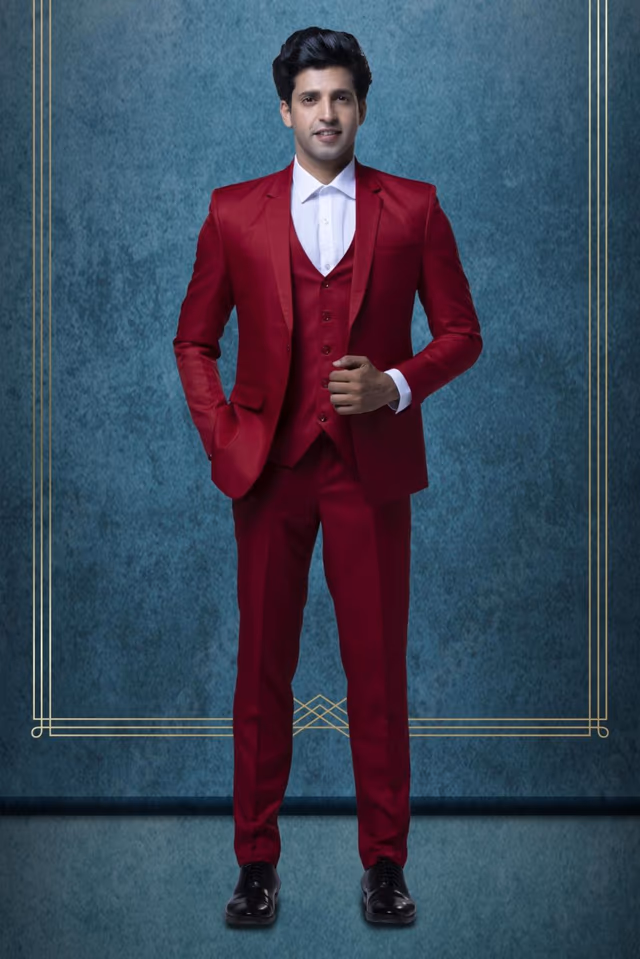 3 Pcs Suiting In Red 3Pc Suit — back view, rent in Calicut