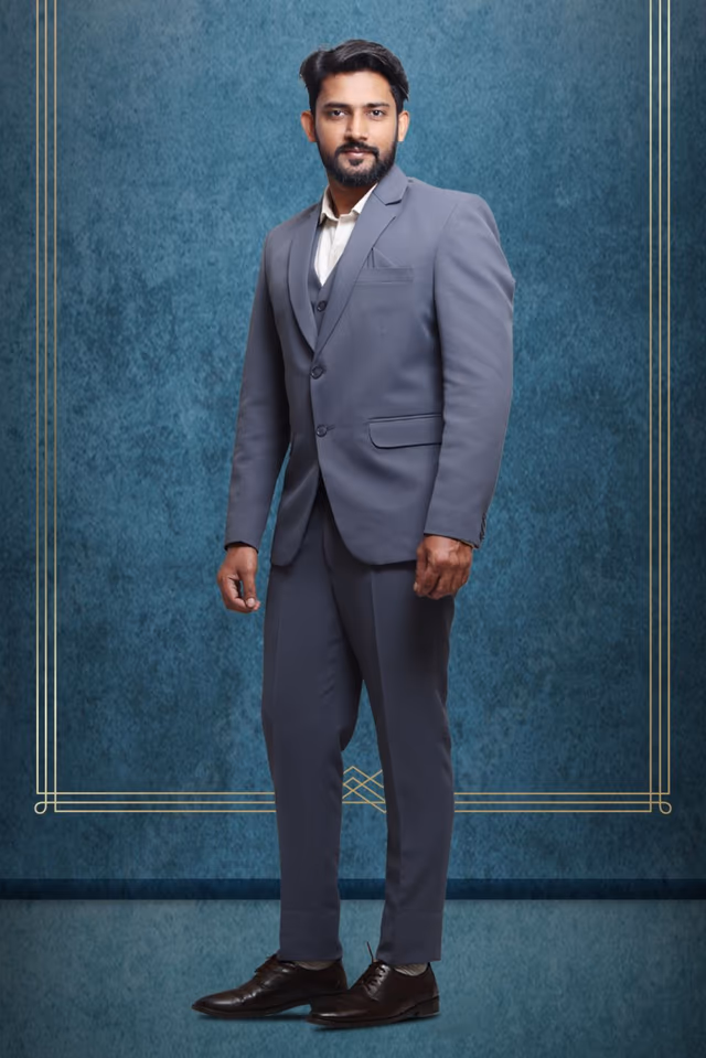 3 Piece Imported Fabric Dark Grey Suit — back view, rent in Bangalore