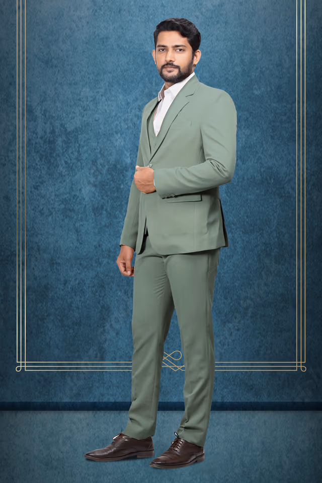 3 Piece Imported Fabric Dark Moss Green Suit — back view, rent in Kochi