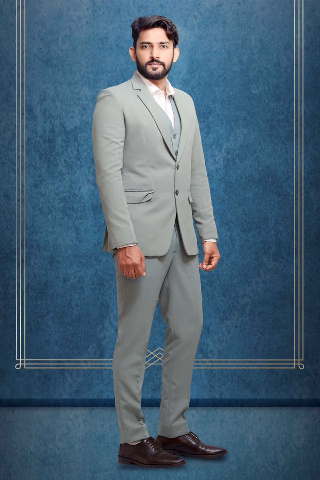 3 Piece Imported Fabric Moss Green Suit — back view, rent in Bangalore