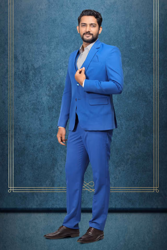 3 Piece Imported Fabric Royal Blue Suit — back view, rent in Coimbatore