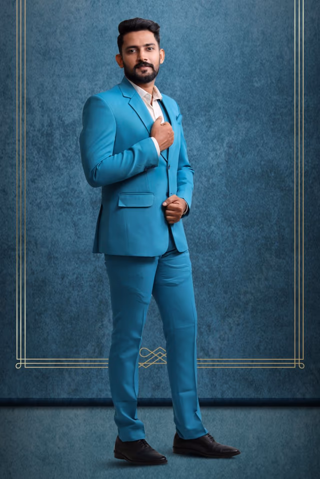 3 Piece Imported Fabric Blue Suit — back view, rent in Bangalore