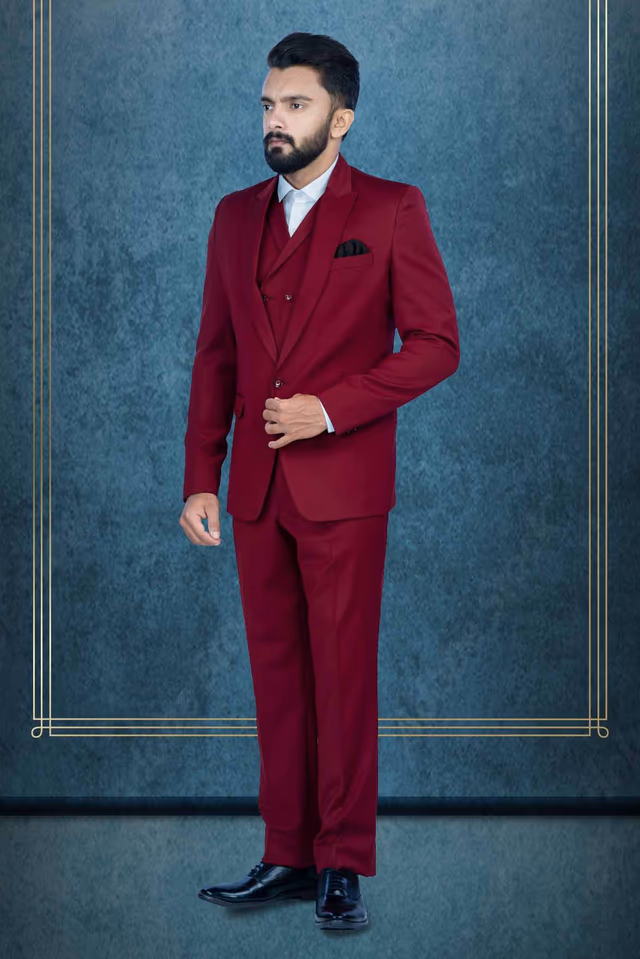 3Pc Suit Terry Rayon In Maroon 3Pc Suit — back view, rent in Calicut