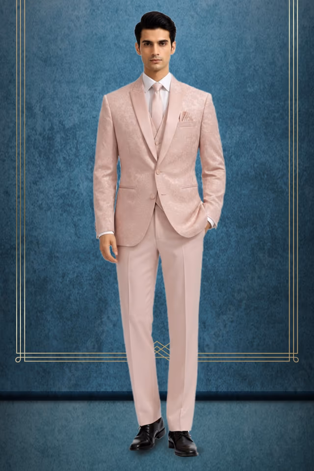 Blush pink Floral jacquard suit with plain coordinated trousers — rent in Bangalore