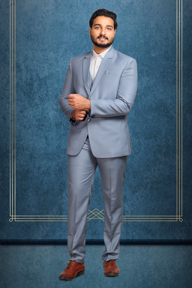 Ice Grey Three-Piece Slim Fit Suit — rent in Kochi