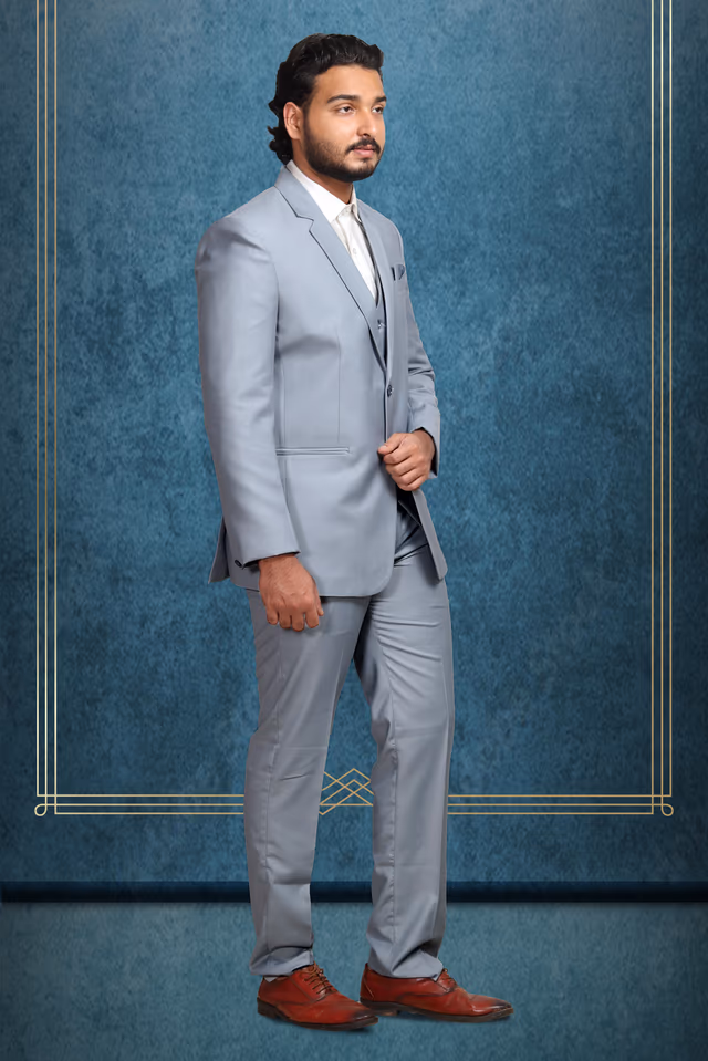 Ice Grey Three-Piece Slim Fit Suit — back view, rent in Kochi