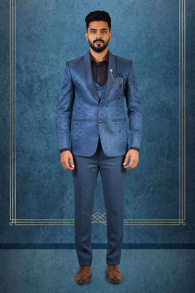 Elegant Men’s Three-Piece Suit In a Deep Navy Blue Palette — rent in Bangalore