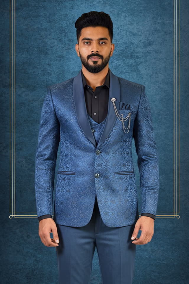 Elegant Men’s Three-Piece Suit In a Deep Navy Blue Palette — back view, rent in Bangalore