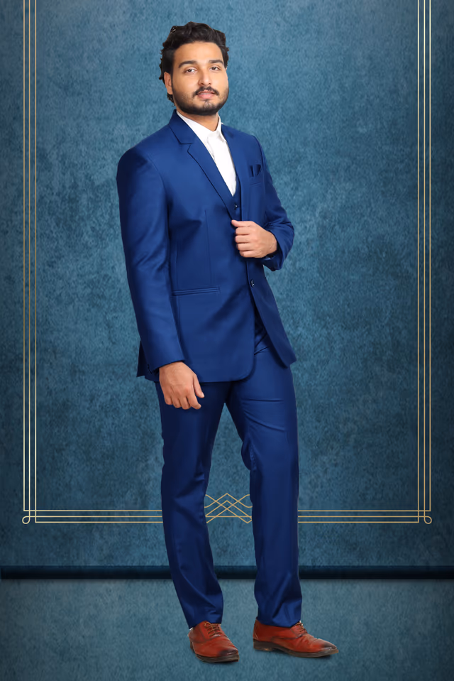 Royal Blue Three-Piece Slim Fit Suit — back view, rent in Kochi