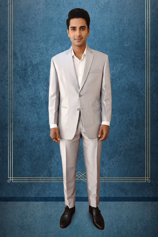 Silver Shimmery Blazer with Cigarette Cut Pants Elegant Set — rent in Bangalore