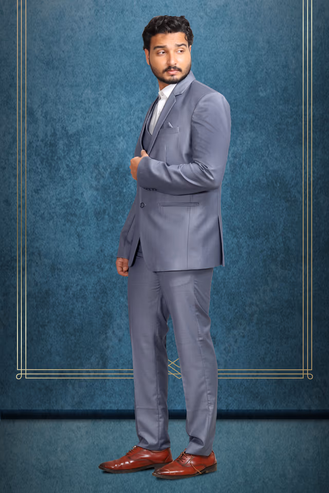 Elegant Slate Grey Three-Piece Suit — back view, rent in Kochi