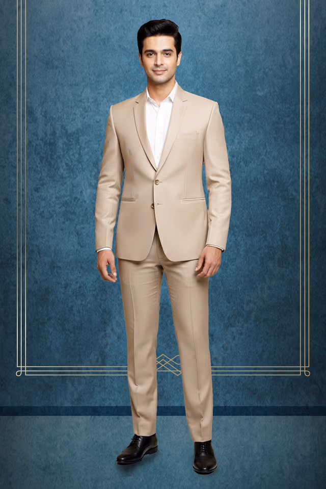 Sophisticated Beige Two Button Suit Blazer With Wide Peak Lapels Great For A Stylish Formal Or Semi… — rent in Calicut