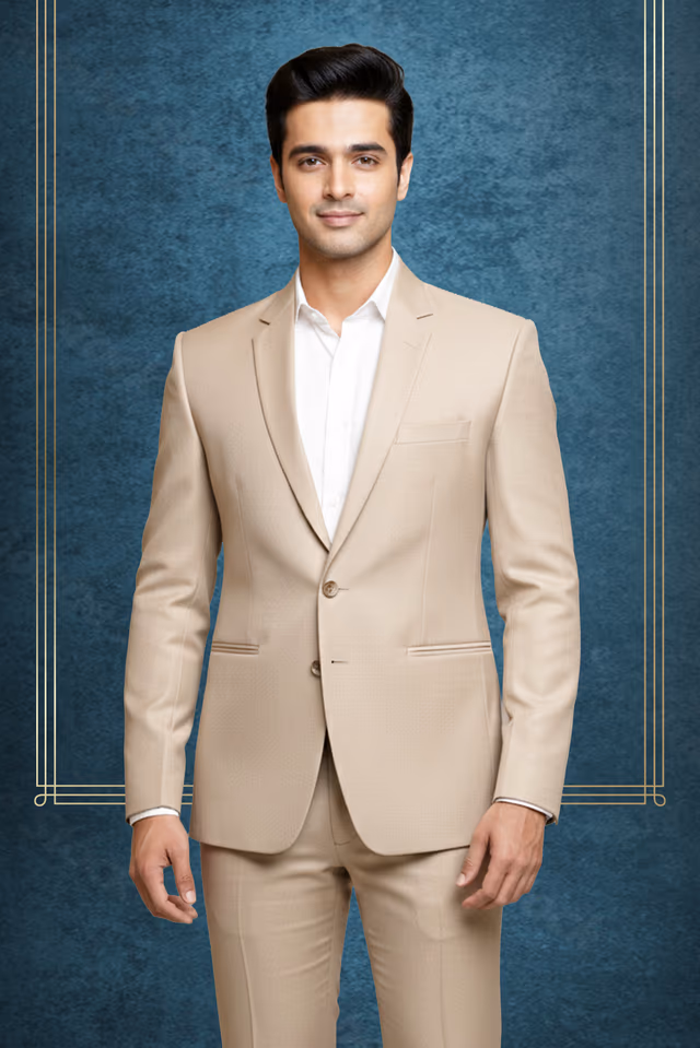 Sophisticated Beige Two Button Suit Blazer With Wide Peak Lapels Great For A Stylish Formal Or… — back view, rent in Calicut