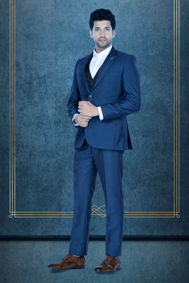 3 Pcs Polyester Viscose In Navy Blue 3Pc Suit — back view, rent in Calicut