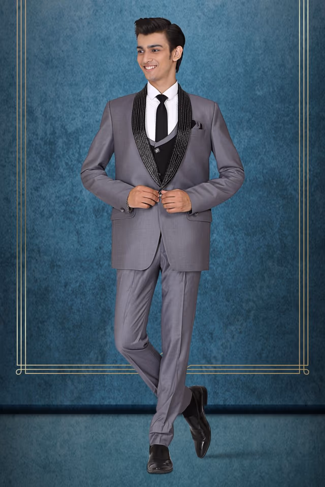 3 Piece Imported Fabric Grey Suit — rent in Bangalore