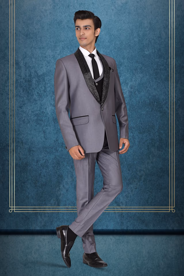 3 Piece Imported Fabric Grey Suit — back view, rent in Bangalore