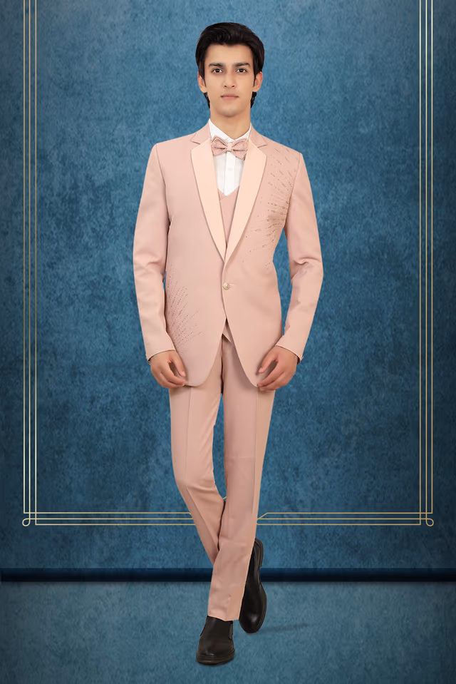 Blush Pink 3-Piece Tuxedo Suit with Bow Tie & Embellished Detailing — rent in Kochi