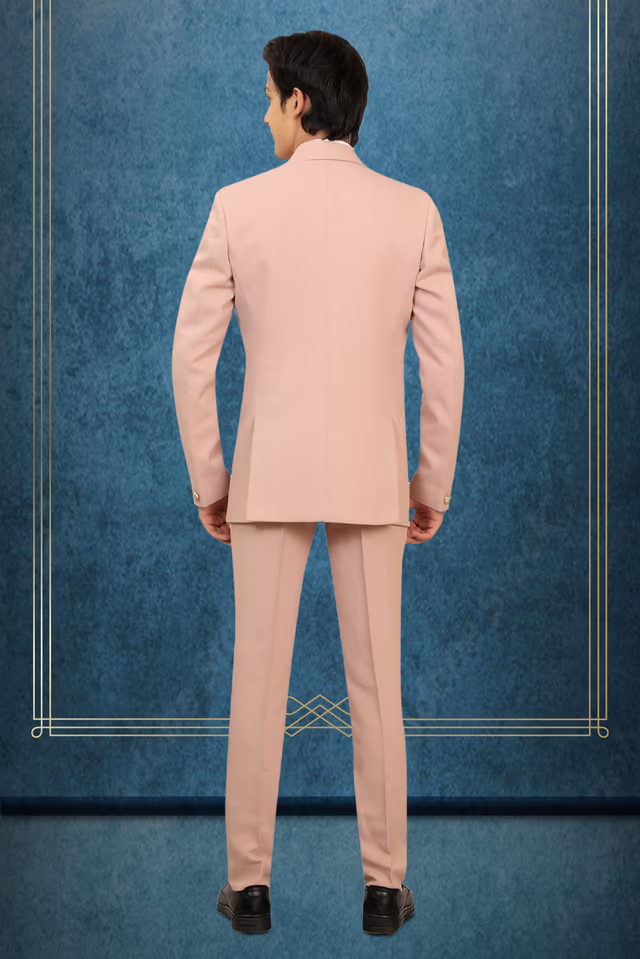 Blush Pink 3-Piece Tuxedo Suit with Bow Tie & Embellished Detailing — back view, rent in Kochi