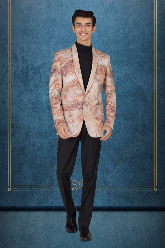 Burnt Orange And White Silky Jacquard Dapper Blazer — rent in Bangalore