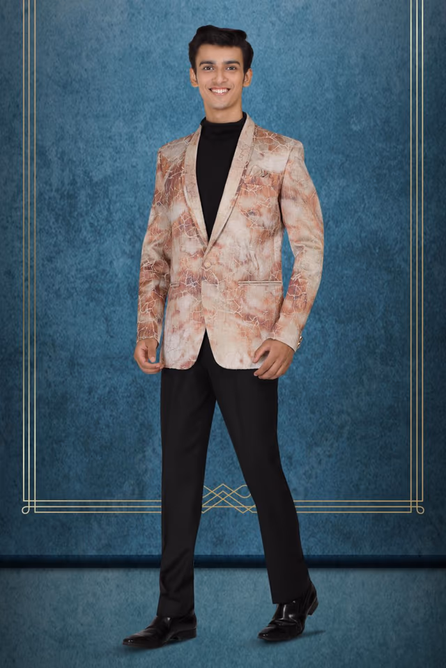 Burnt Orange And White Silky Jacquard Dapper Blazer — back view, rent in Bangalore