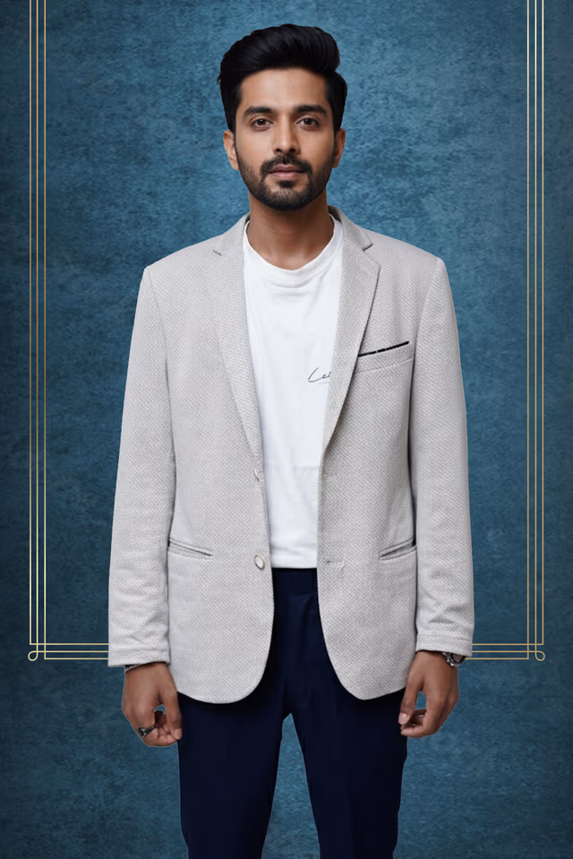 Cloud grey blazer with linen fabric — back view, rent in Bangalore
