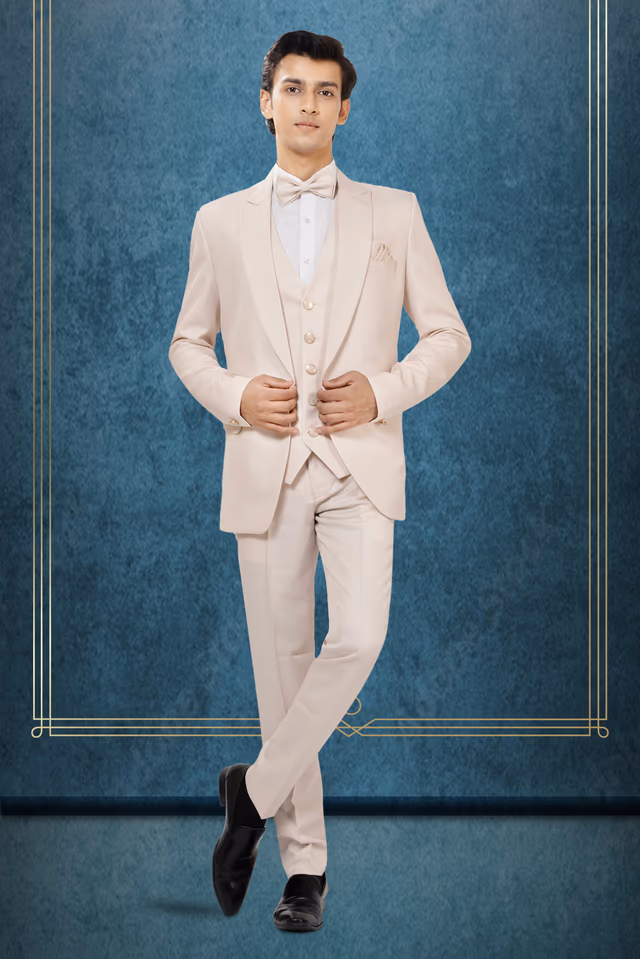 Elegant Ivory Beige 3-Piece Tuxedo Suit with Bow Tie — rent in Kochi
