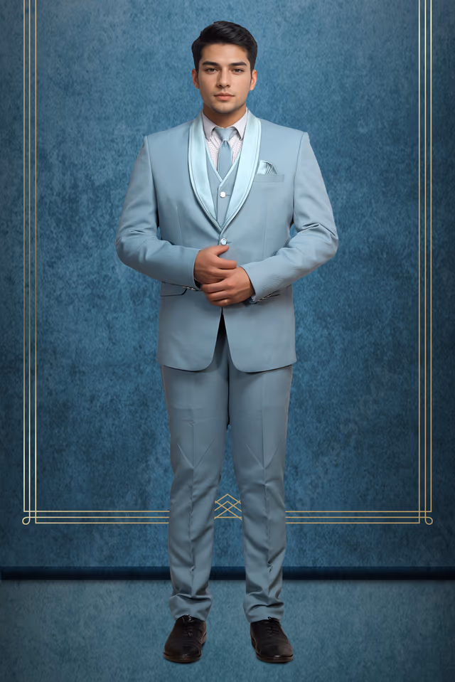 Light Ice Blue Slim Fit Solid Formal Three Piece Suit — rent in Kochi