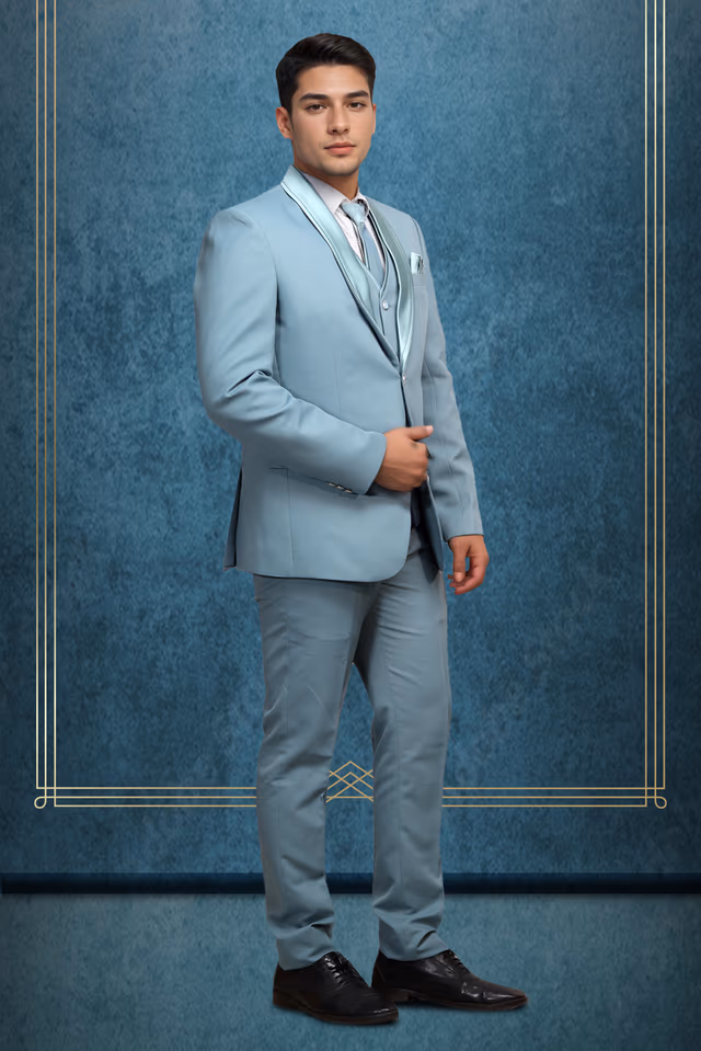 Light Ice Blue Slim Fit Solid Formal Three Piece Suit — back view, rent in Kochi