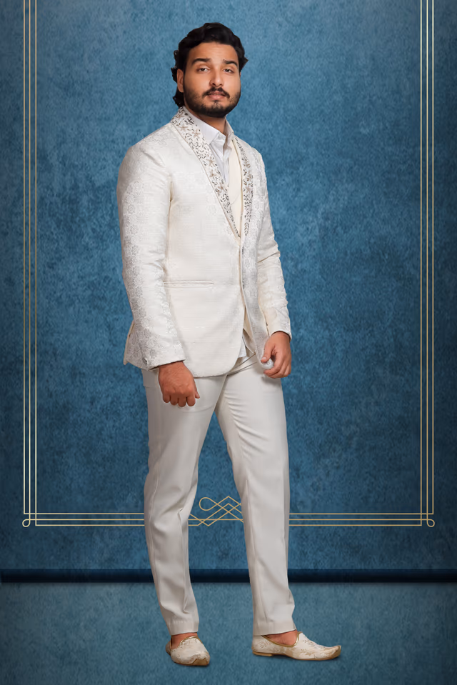 Off White Handworked Tuxedo In 3 Pc Set — rent in Calicut
