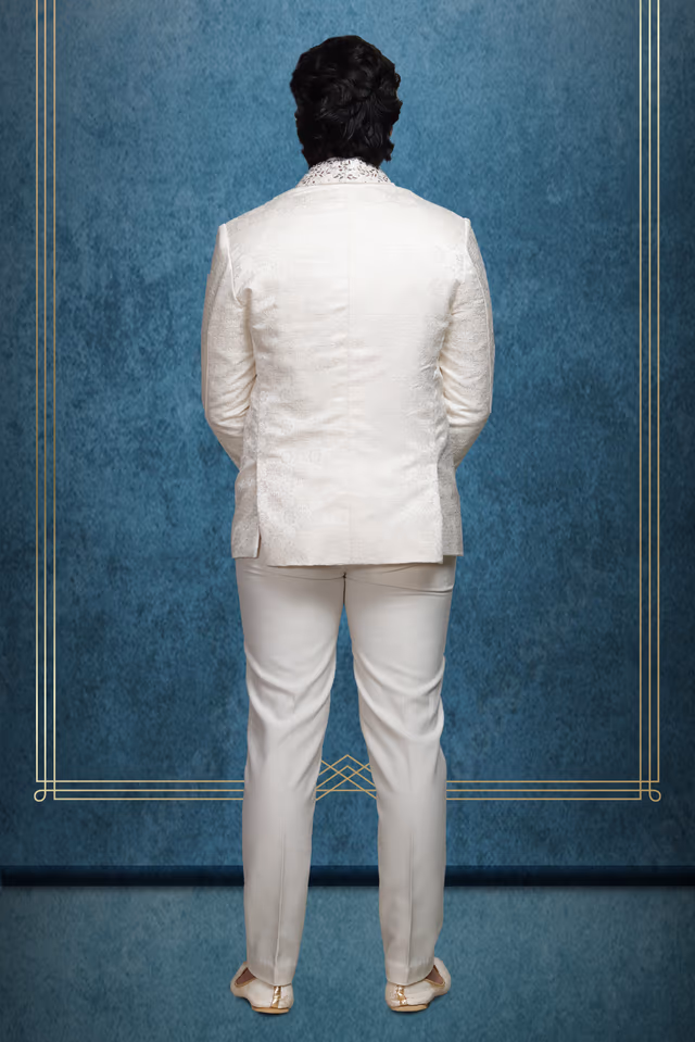 Off White Handworked Tuxedo In 3 Pc Set — back view, rent in Calicut