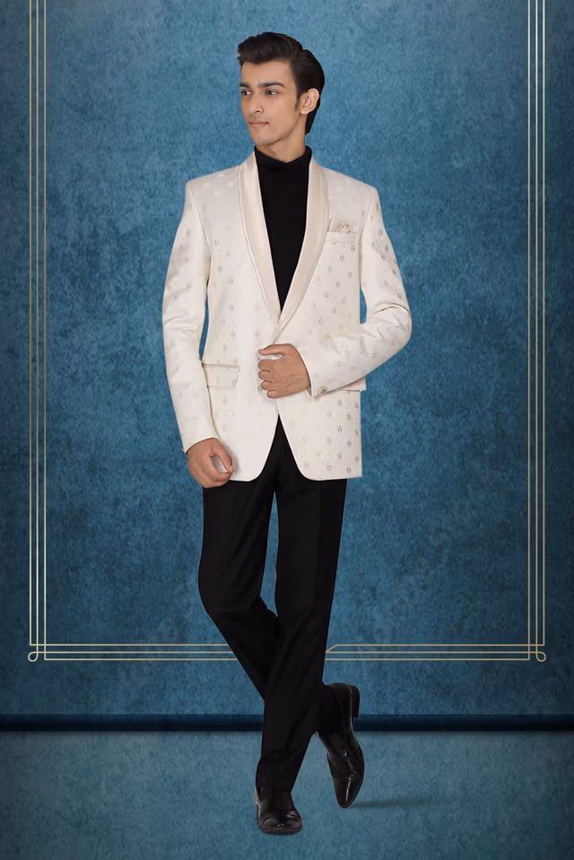 Off- White Silky Jacquard  Elegant Blazer — rent in Kochi