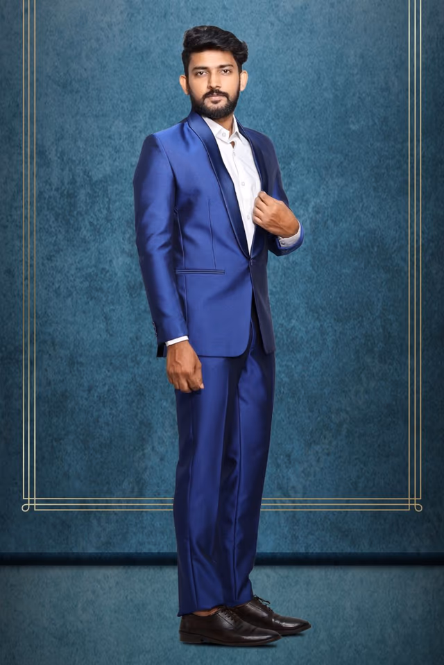 Polyester Viscose In Royal Blue 2Pc Suit — back view, rent in Calicut