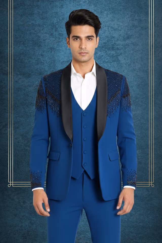 Royal Blue Handwork Detailed Designer Suit — back view, rent in Calicut
