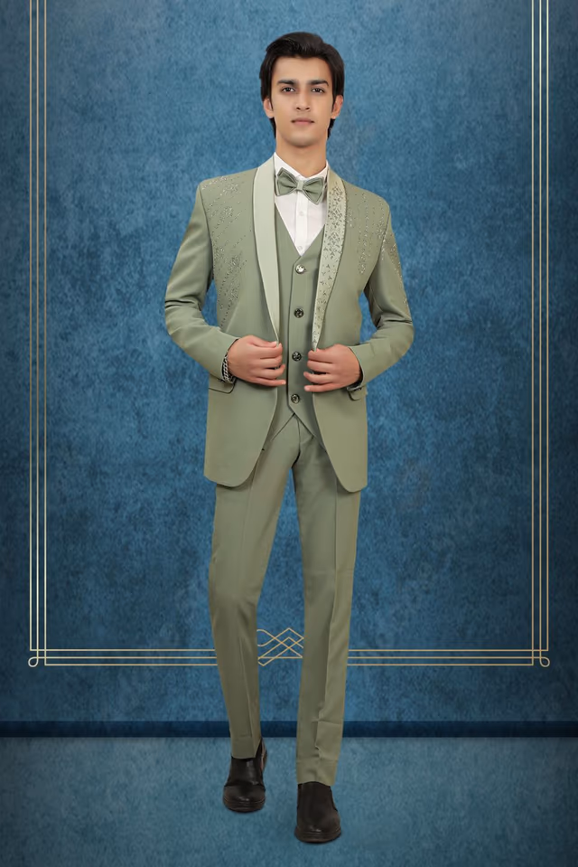 Elegant Sage Green Color And its Regal, Formal Styling With The Embroidered Lapel Suit — rent in Kochi