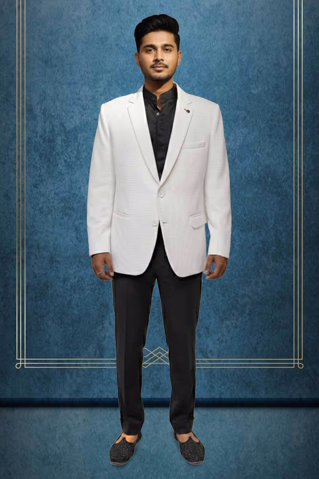 Classic White Corduroy Blazer with Textured Weave and Full Sleeves — rent in Bangalore