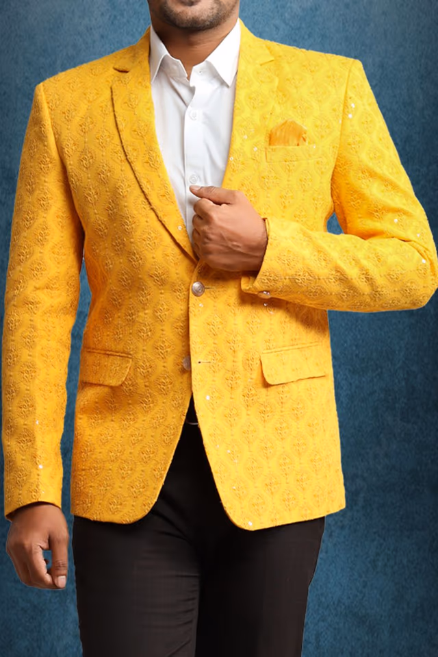 Yellow Embroidered Fabric Blazer — back view, rent in Kochi