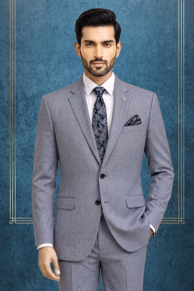 Bluish Grey Woven Two-Piece Suit with Peak Lapel for Formal Meetings — back view, rent in Bangalore