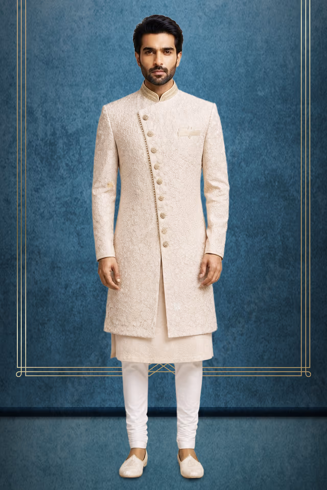 Blush Pink Asymmetrical Sherwani with Self-Embroidered Floral Elegance — rent in Bangalore