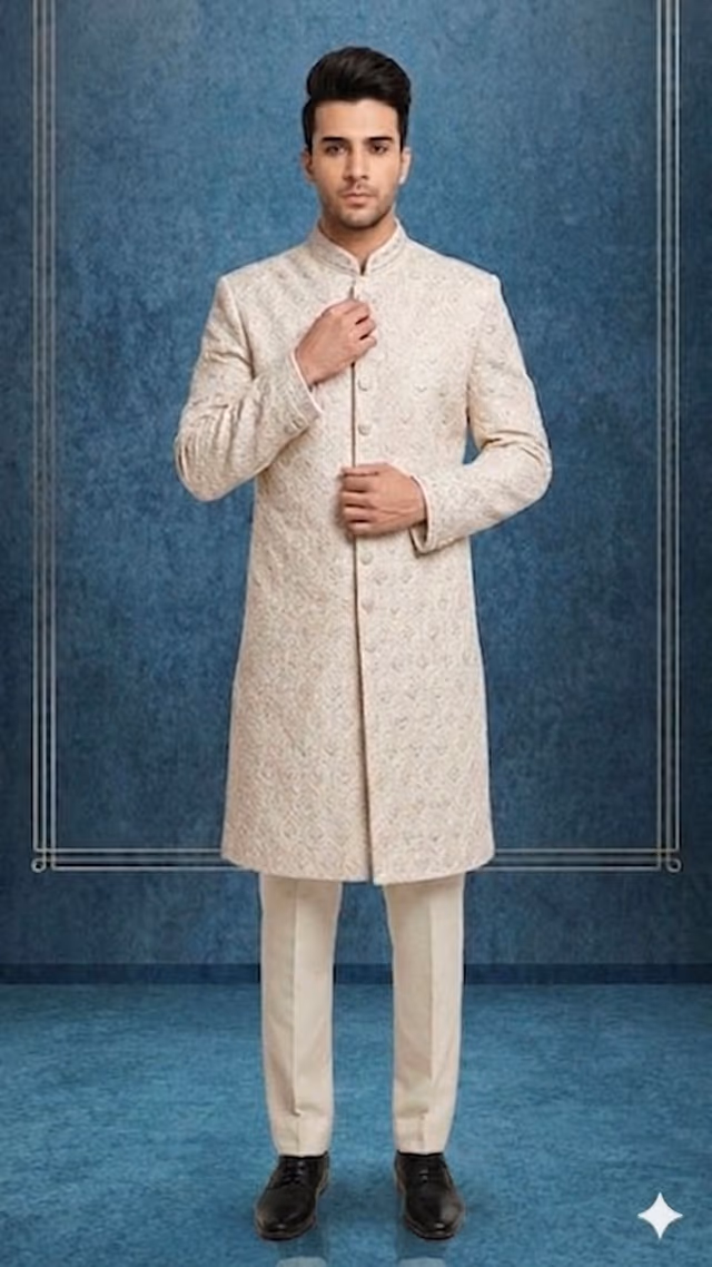 Blush Pink Royal Hand-Embroidered Stone Work Wedding Sherwani — rent in Bangalore